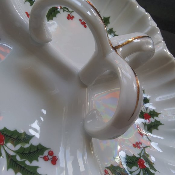Porcelain three section Relish candy Christmas dish Holly Gold Trim - Picture 13 of 15